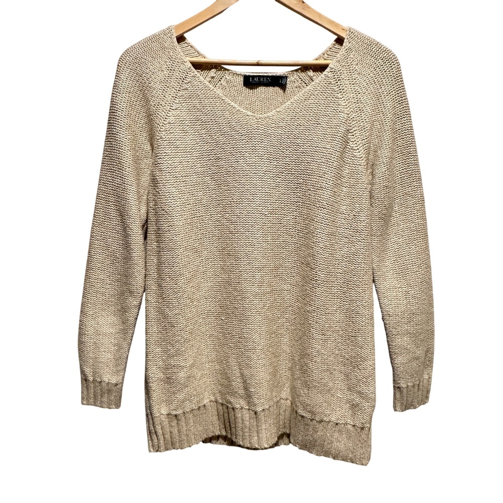 Lauren Ralph Lauren Sweater Women Large Beige V-Neck Raglan Cotton Knit Pullover